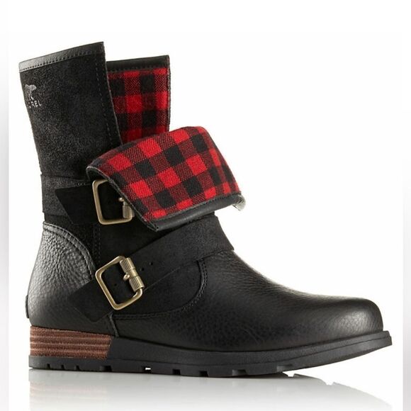 Sorel Major Moto Black Leather Women’s Sz 8 Waterproof Red Plaid Fold-Over Boots - Picture 14 of 14